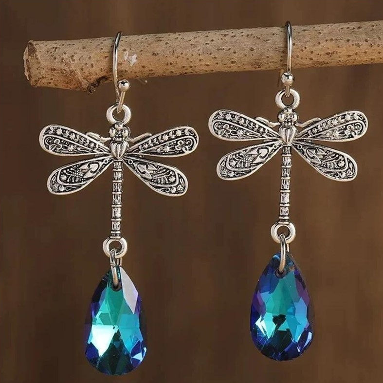 Engraved Dragonfly Sapphire Water Drop Earrings