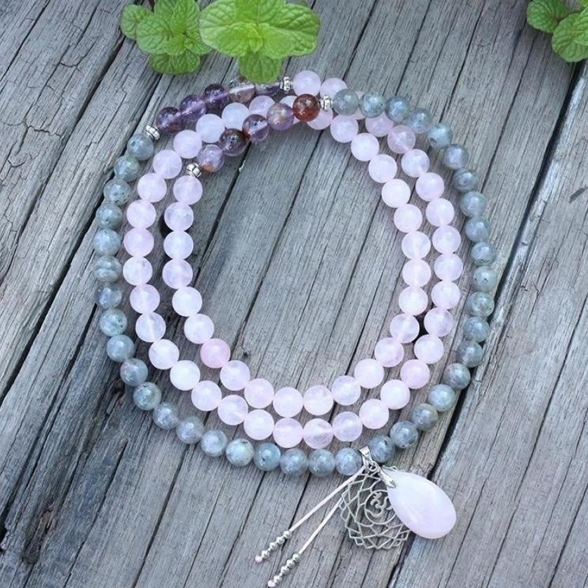108 Natural Labradorite White Jade and Amethyst Mala Beads Necklace / Bracelet™