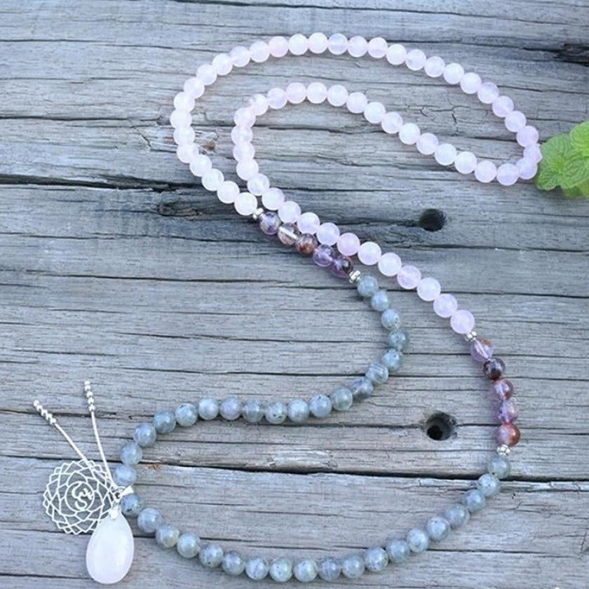 108 Natural Labradorite White Jade and Amethyst Mala Beads Necklace / Bracelet™