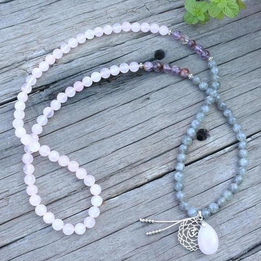 108 Natural Labradorite White Jade and Amethyst Mala Beads Necklace / Bracelet™