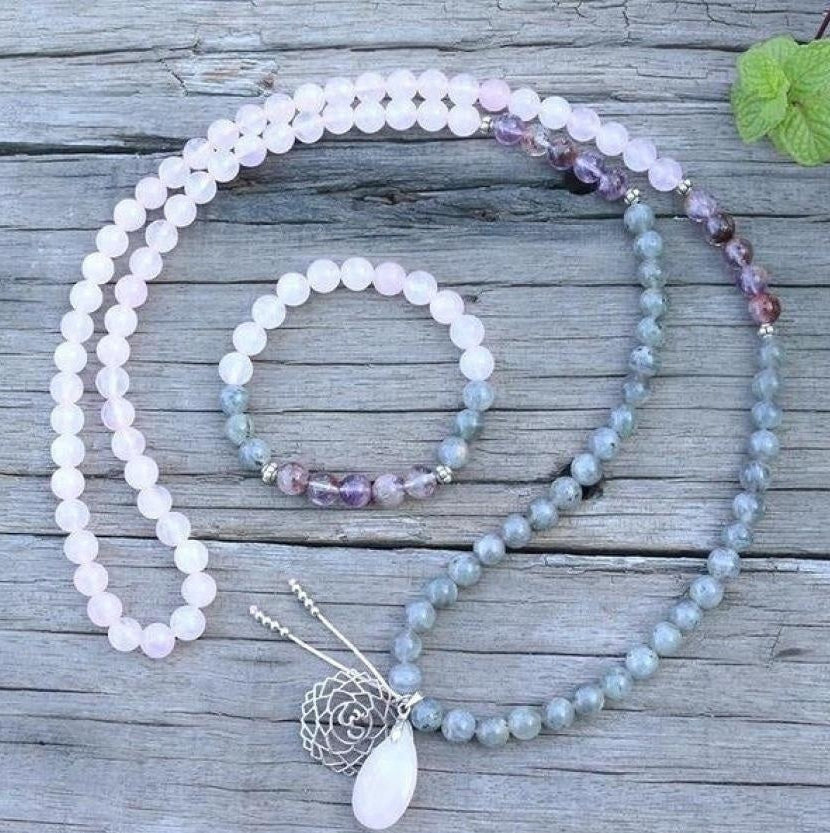 108 Natural Labradorite White Jade and Amethyst Mala Beads Necklace / Bracelet™