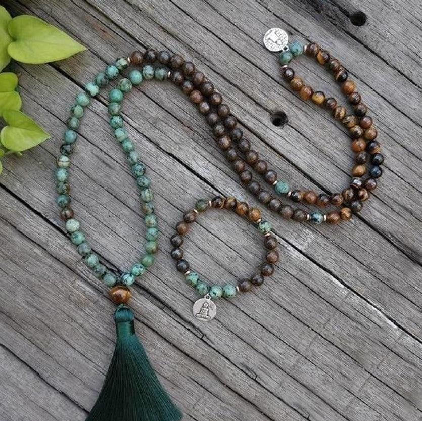 108 Natural Tiger Eye Bronzite & African Turquoise Mala Beads™