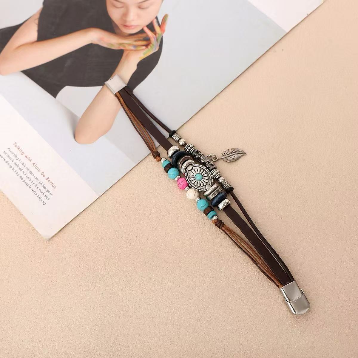 Turquoise Leaf Leather Bracelet - Calming Energy