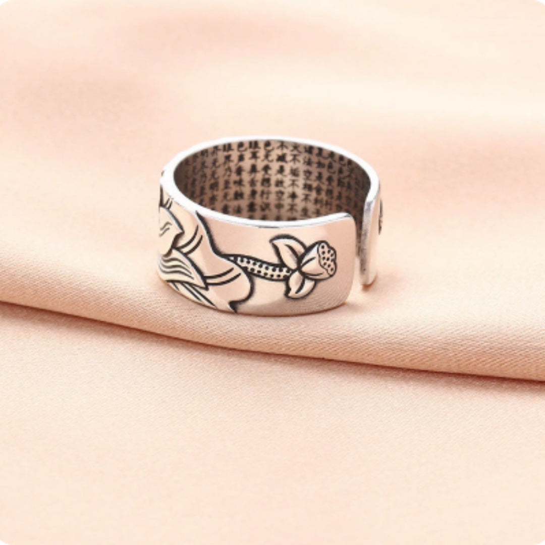 Lotus Hannya Shingyo S999 Sterling Silver Ring Antique