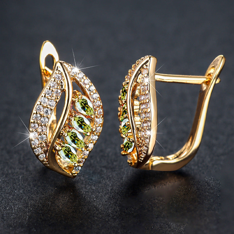 Leaf Shaped Rhinestone Earrings Zircon Stud Jewelry