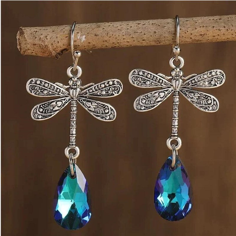 Engraved Dragonfly Sapphire Water Drop Earrings