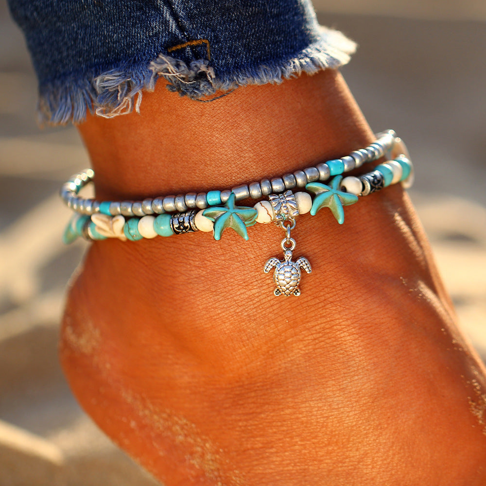 Turtle Anklet Bracelet with Seashells