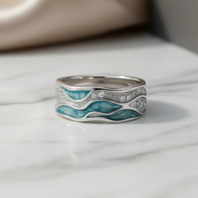 Elegant Turquoise Silver Waves Ring