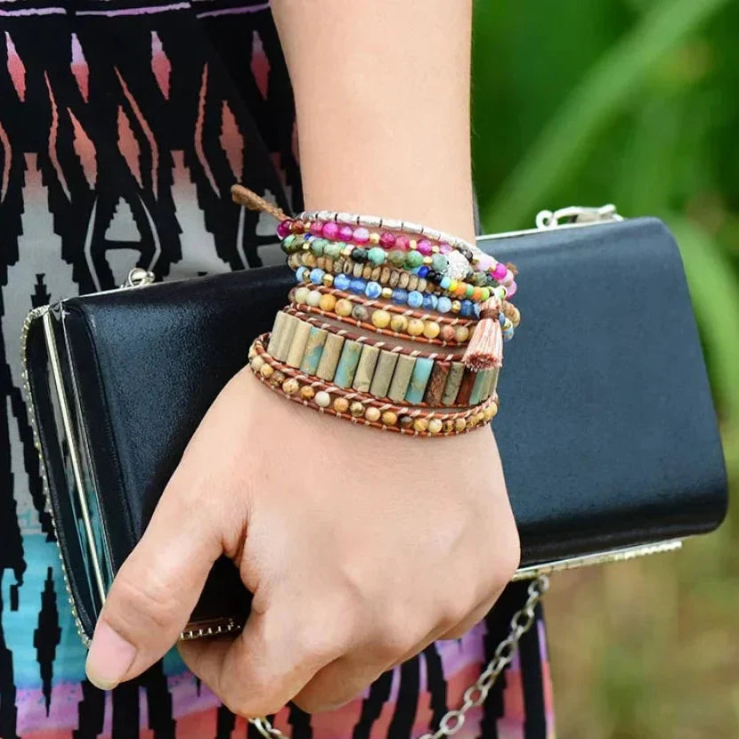 Natural Jasper & Sunflower Charm Leather Wrap Bracelet™