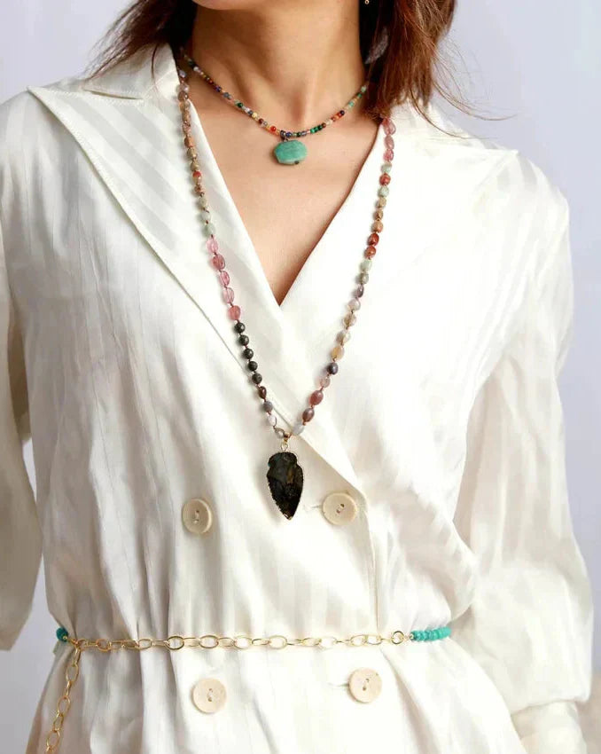 Handmade Natural Strawberry Quartz & Pyrite Necklace with Labradorite Pendant™