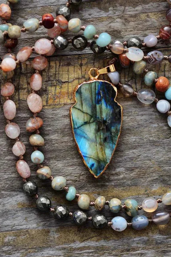 Handmade Natural Strawberry Quartz & Pyrite Necklace with Labradorite Pendant™