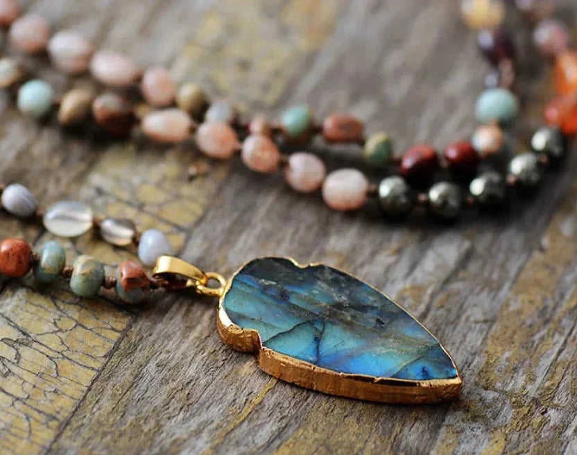 Handmade Natural Strawberry Quartz & Pyrite Necklace with Labradorite Pendant™