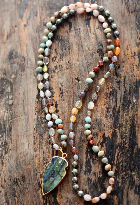 Handmade Natural Strawberry Quartz & Pyrite Necklace with Labradorite Pendant™