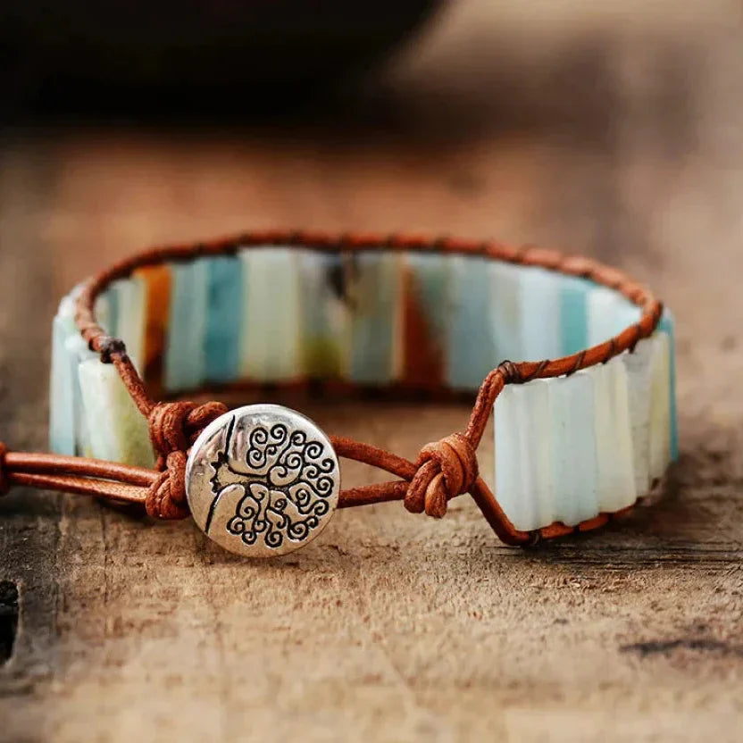 Natural Amazonite Stone & Leather Tree Of Life Bracelet™