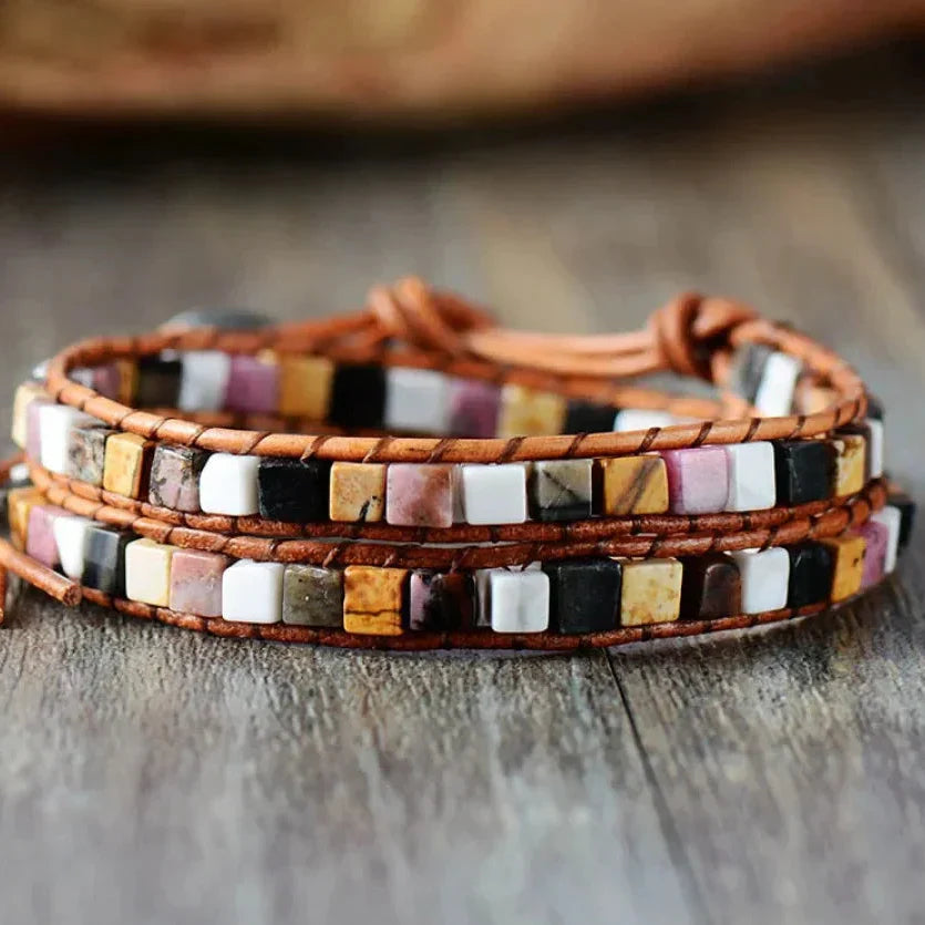 Natural Jasper Semi-Precious Stone Two Layer Leather Bracelet™ - 6 Colours