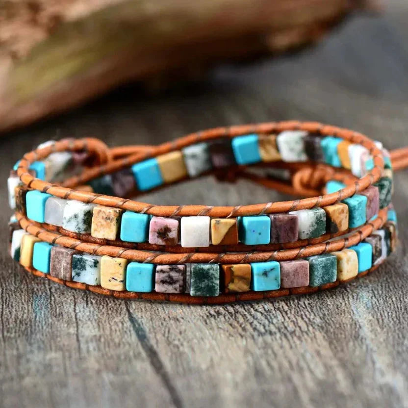 Natural Jasper Semi-Precious Stone Two Layer Leather Bracelet™ - 6 Colours