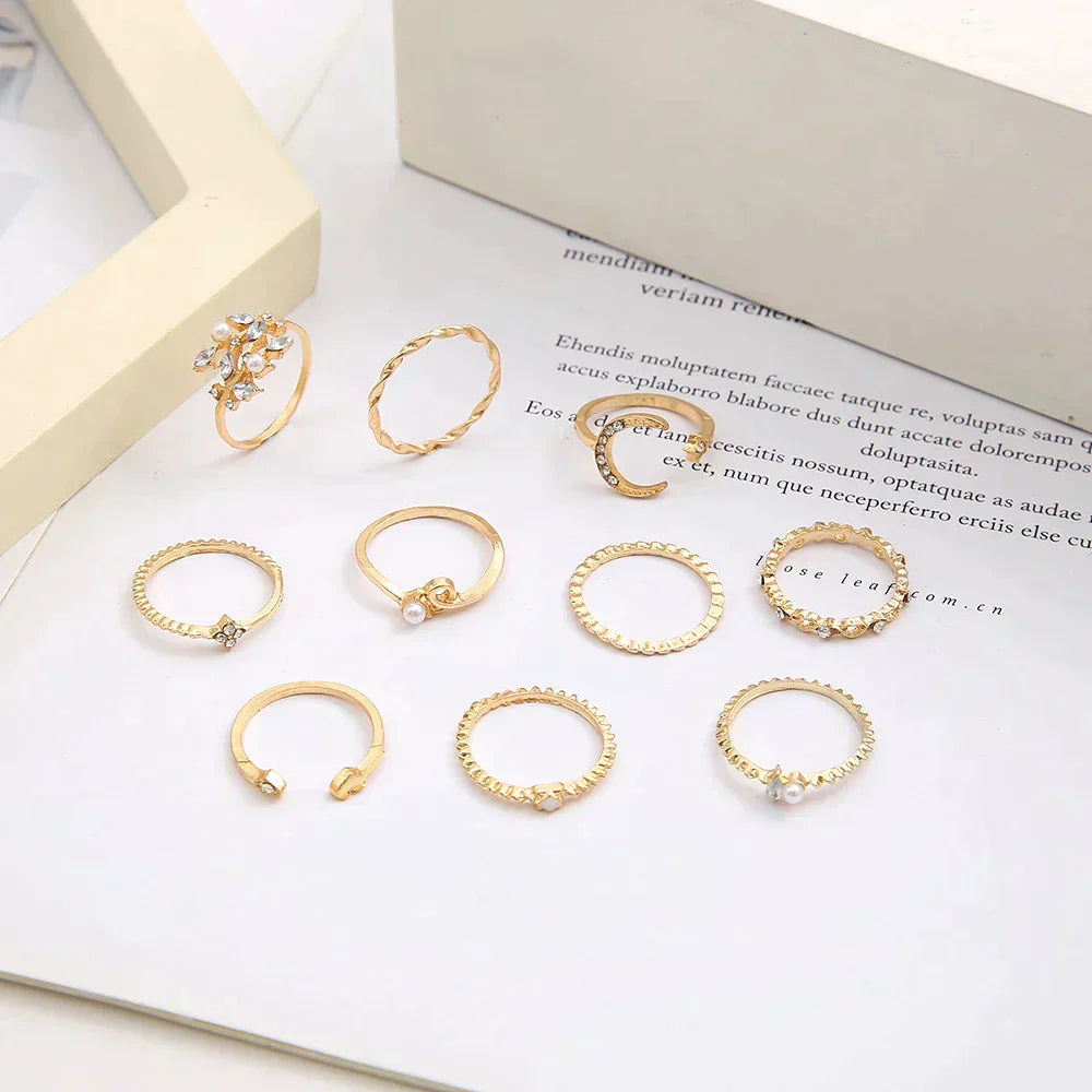 10-Piece Bohemian Ring Set in Silver and Gold