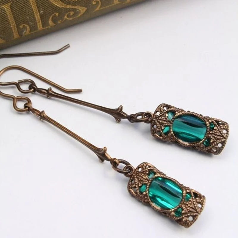 Vintage Green Blue Zircon Dangle Earrings Antique Bronze