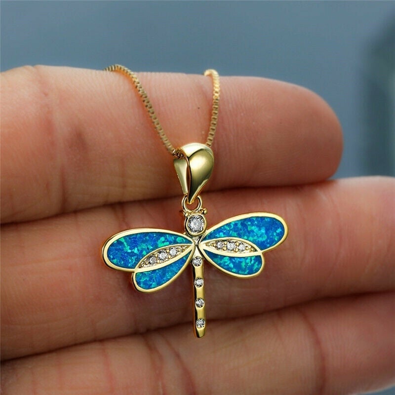 Gold Dragonfly Pendant Necklace with Opal Detail