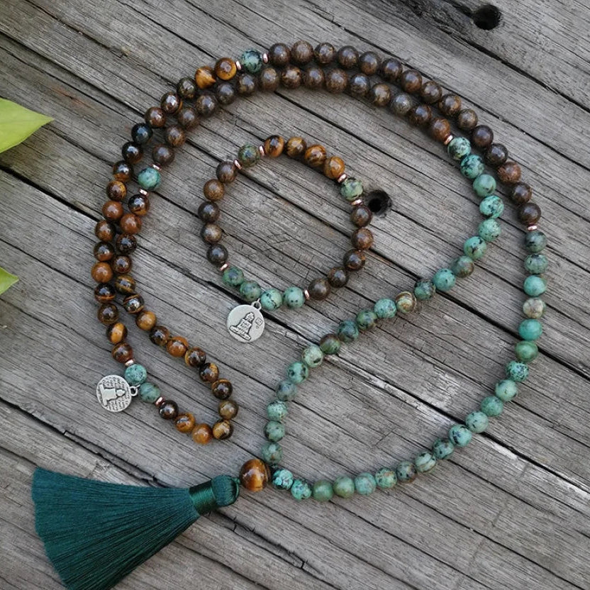 108 Natural Tiger Eye Bronzite & African Turquoise Mala Beads™