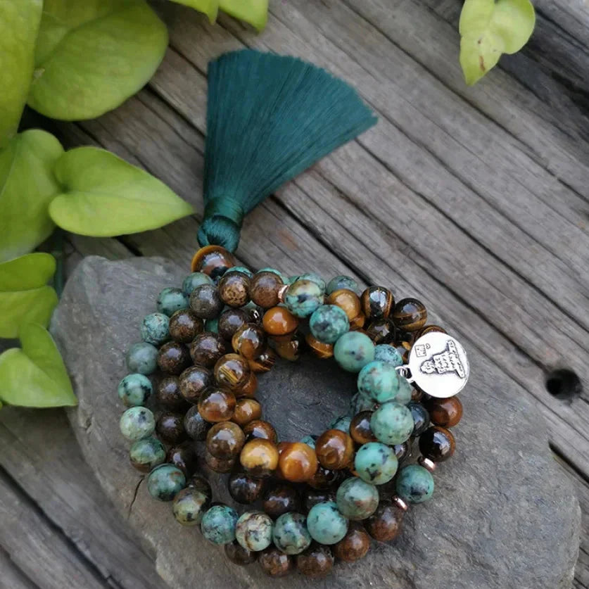 108 Natural Tiger Eye Bronzite & African Turquoise Mala Beads™
