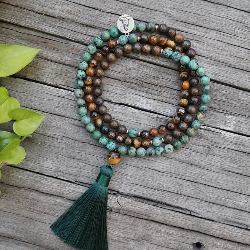 108 Natural Tiger Eye Bronzite & African Turquoise Mala Beads™