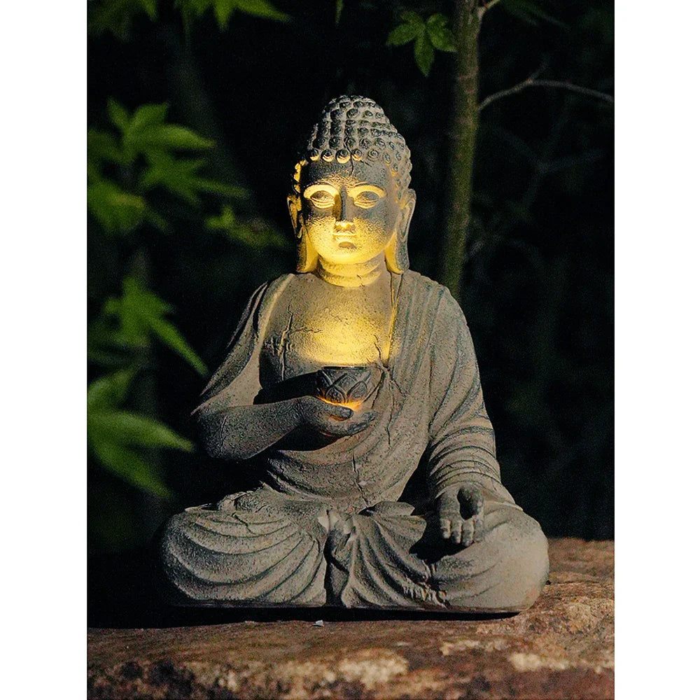Resin Solar Buddha Statue Garden Light Outdoor Front Porch Home Decor