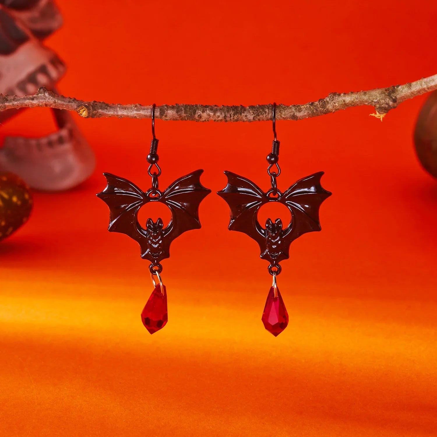 Vampire Bat Red Crystal Earrings
