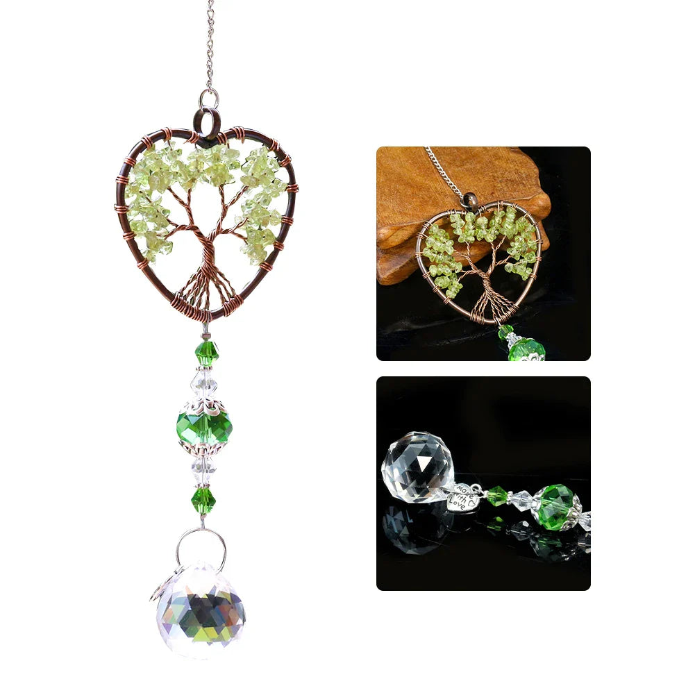 Green Quartz Heart Tree of Life Suncatcher – Healing Crystal Car & Window Charm