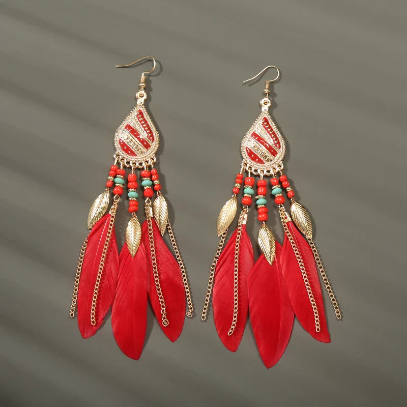 Boho Long Feather Dangle Earrings For Women Beach Beads