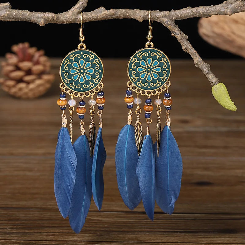 Boho Long Feather Dangle Earrings For Women Beach Beads