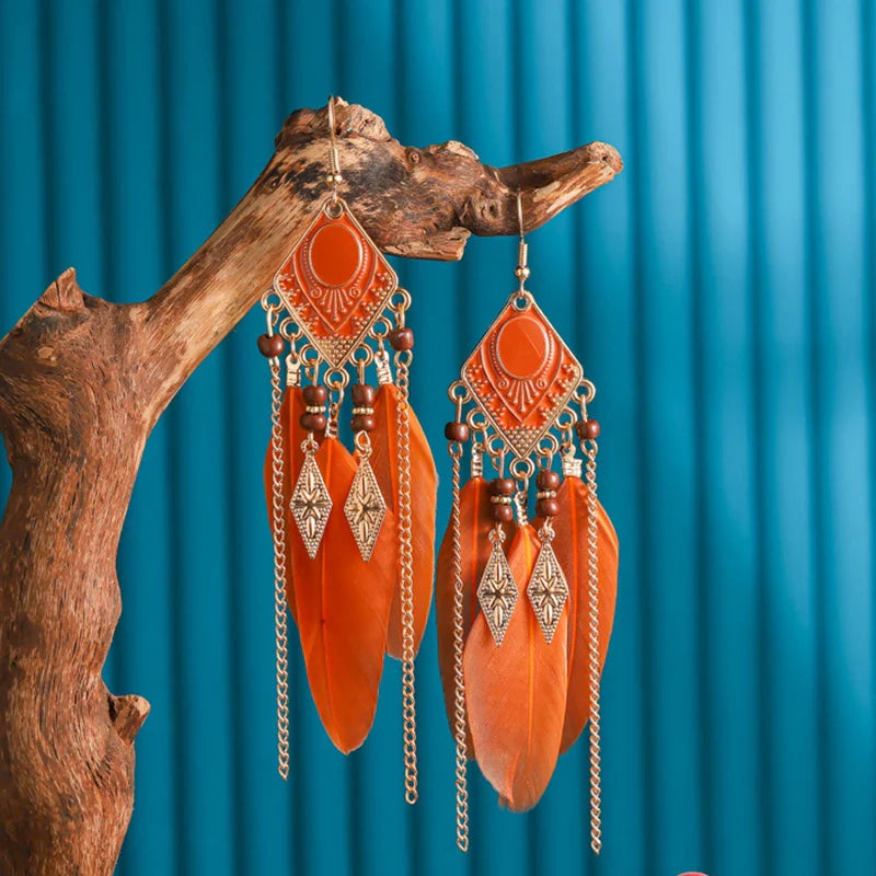 Bohemian Brown Feather Earrings For Women Handmade Jewelry