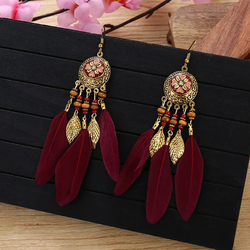 Bohemian Feather Tassel Earrings For Women Long Carved Leaf