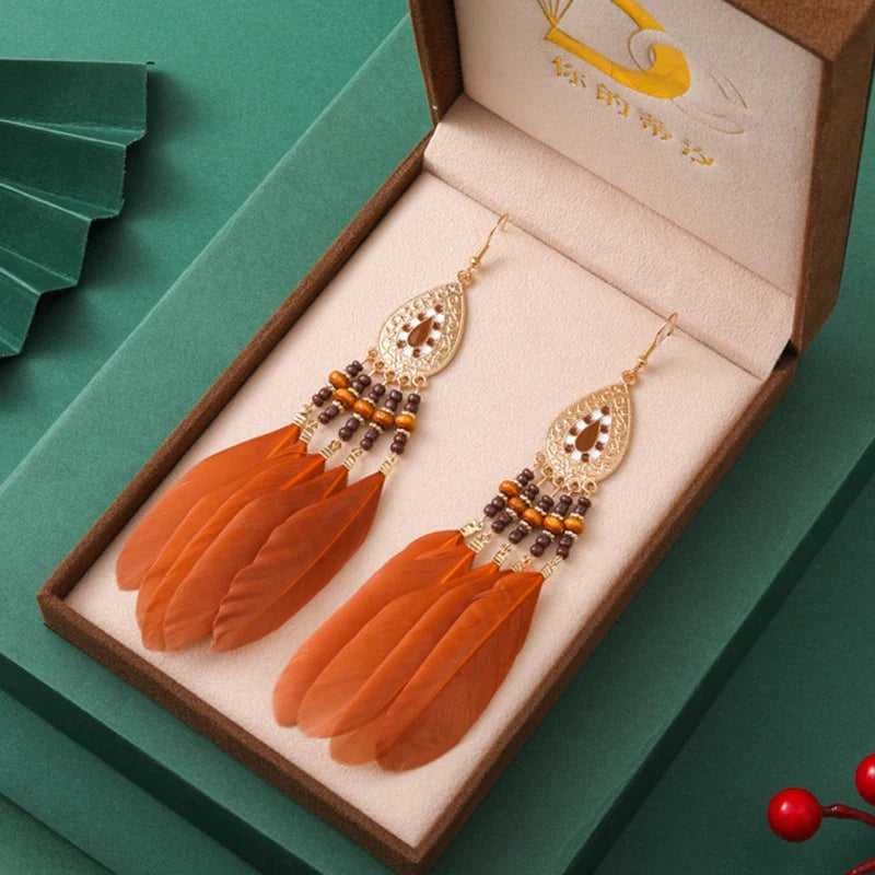 Bohemian Brown Feather Earrings For Women Handmade Jewelry