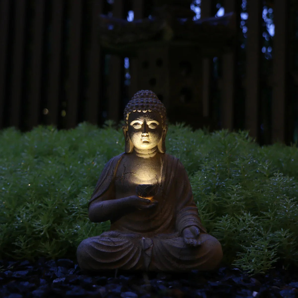 Zen Inspired Solar Buddha Statue With Light Resin Decor