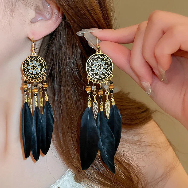 Boho Long Feather Dangle Earrings For Women Beach Beads