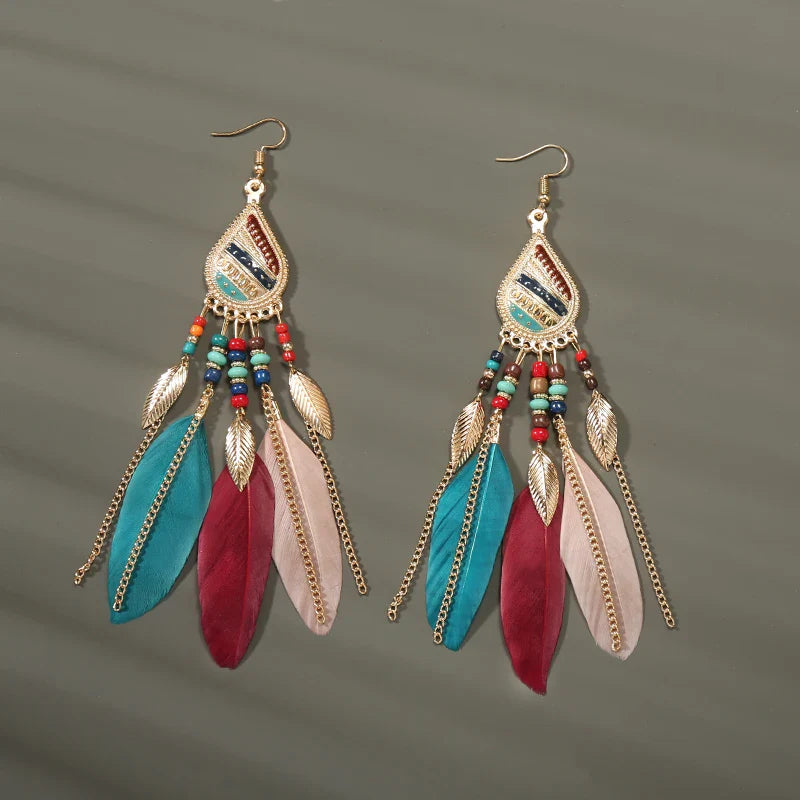 Boho Long Feather Dangle Earrings For Women Beach Beads