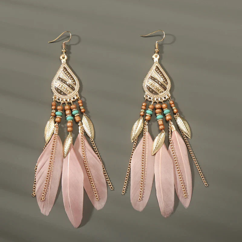 Boho Long Feather Dangle Earrings For Women Beach Beads