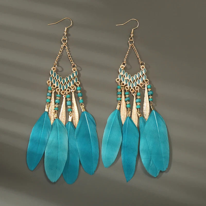 Boho Long Feather Dangle Earrings For Women Beach Beads