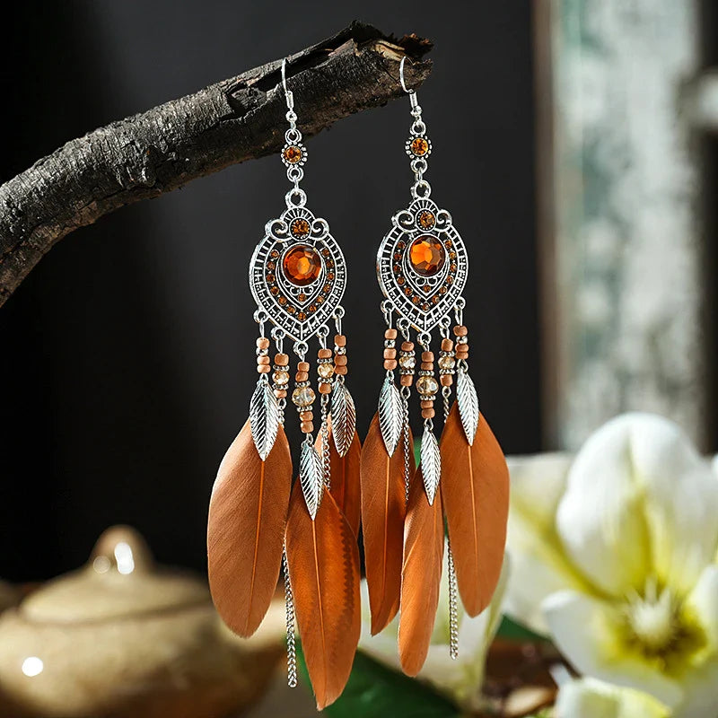 Bohemian Brown Feather Earrings For Women Handmade Jewelry