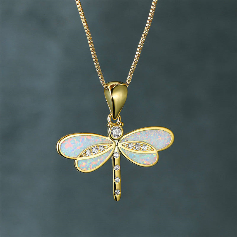 Gold Dragonfly Pendant Necklace with Opal Detail