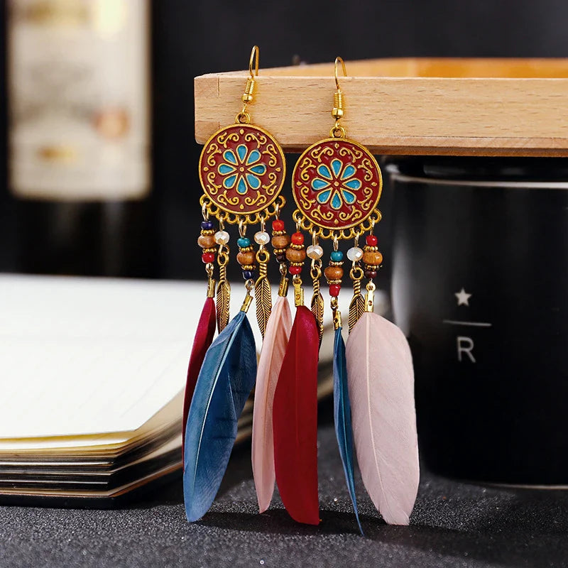 Boho Long Feather Dangle Earrings For Women Beach Beads