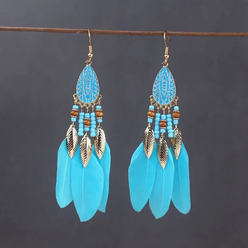 Boho Long Feather Dangle Earrings For Women Beach Beads