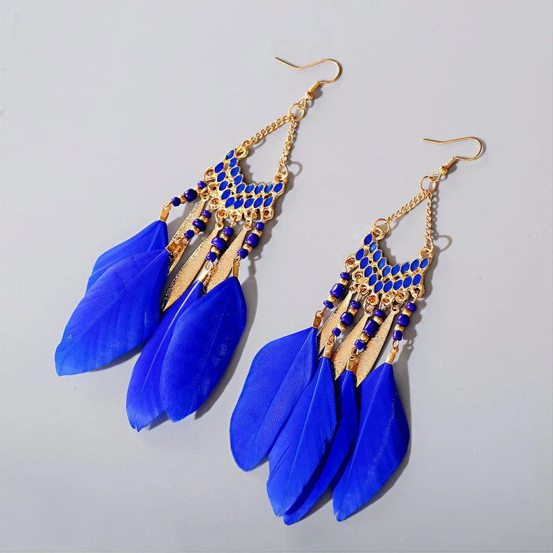 Boho Long Feather Dangle Earrings For Women Beach Beads