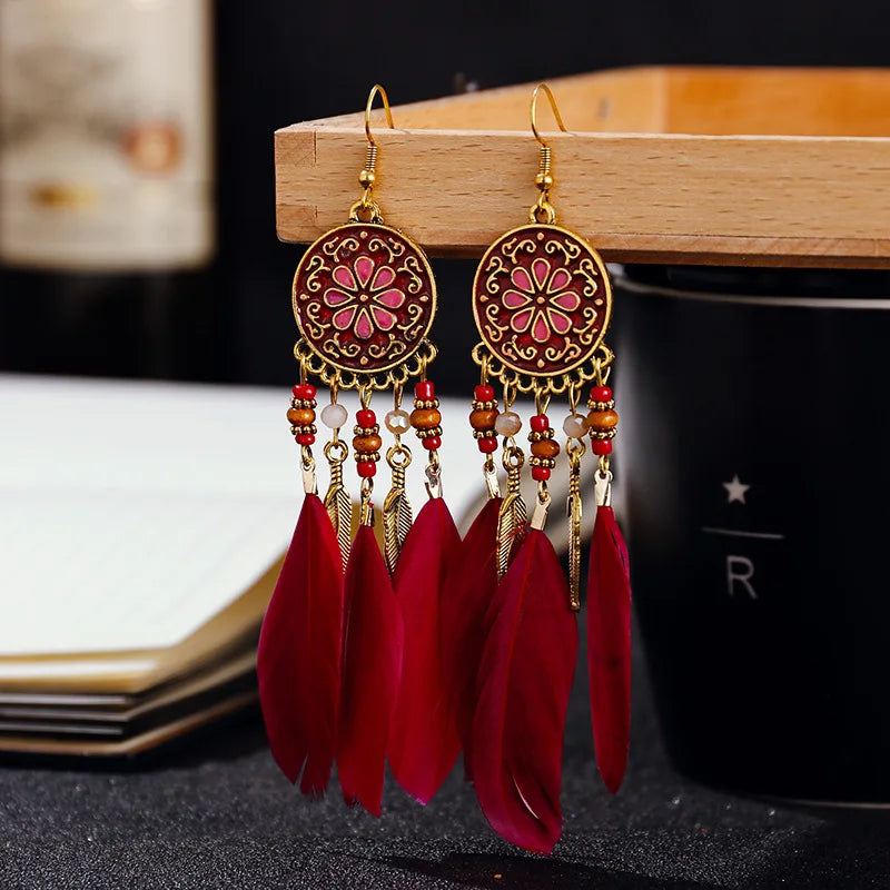 Boho Long Feather Dangle Earrings For Women Beach Beads