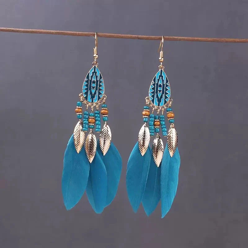 Boho Long Feather Dangle Earrings For Women Beach Beads