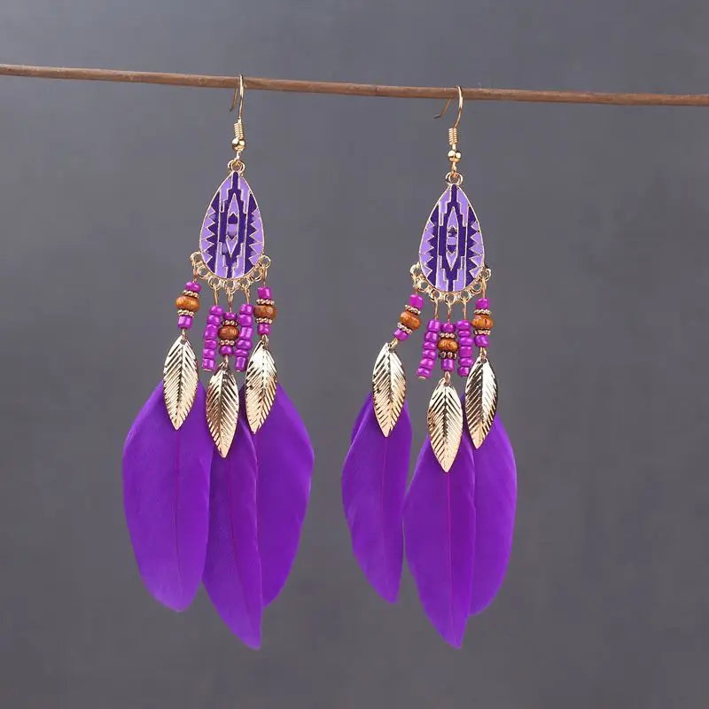 Boho Long Feather Dangle Earrings For Women Beach Beads