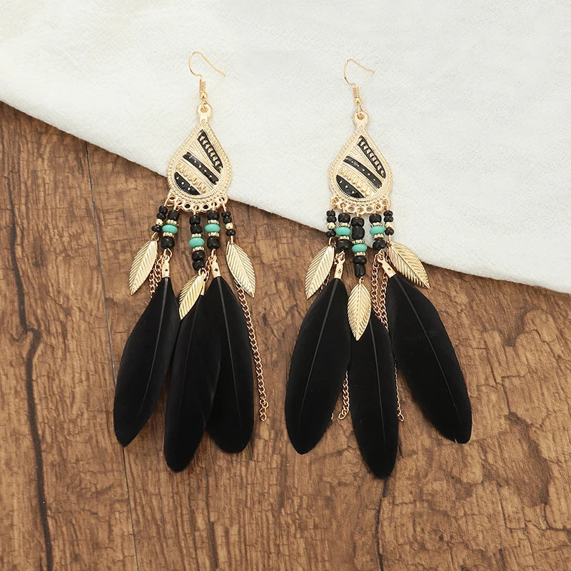 Boho Long Feather Dangle Earrings For Women Beach Beads