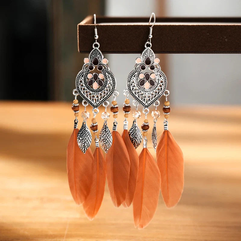 Bohemian Brown Feather Earrings For Women Handmade Jewelry