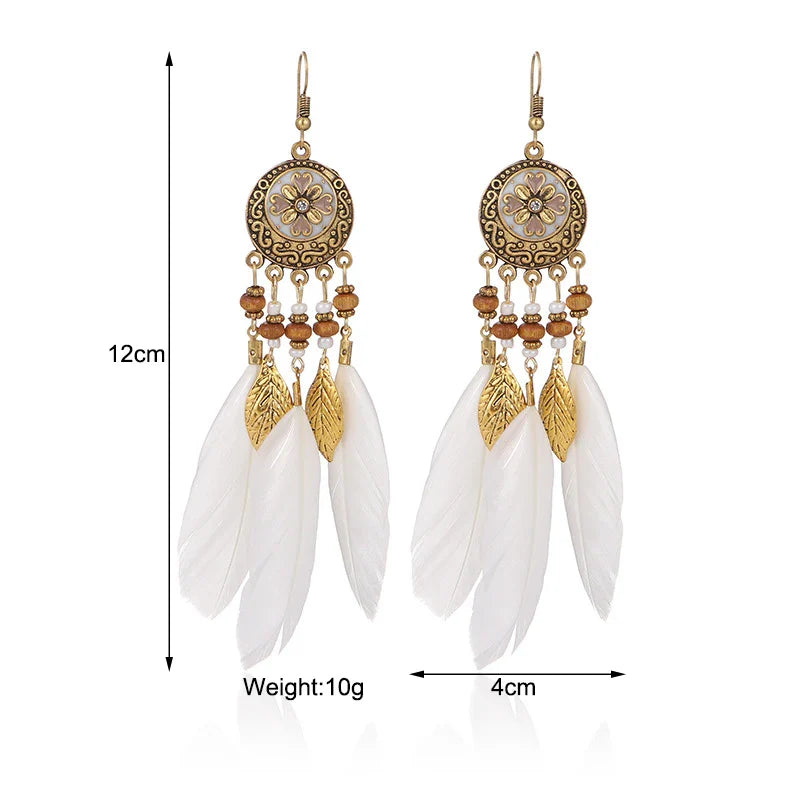 Bohemian Feather Tassel Earrings For Women Long Carved Leaf